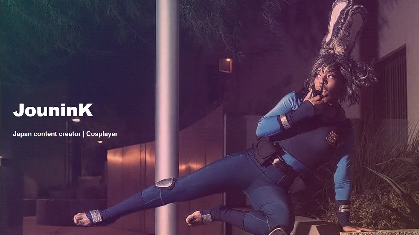A photo of JouninK's site home page where she poses as Judy Hopps leaping over an obstacle.